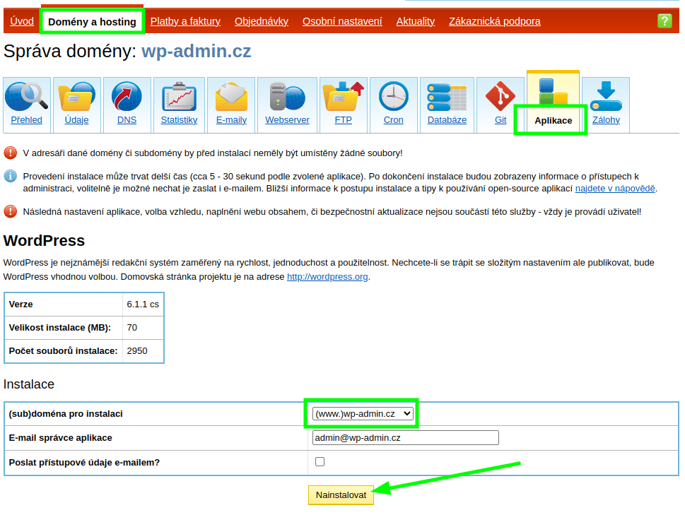 Formulář pro instalaci WordPressu na Českém hostingu
