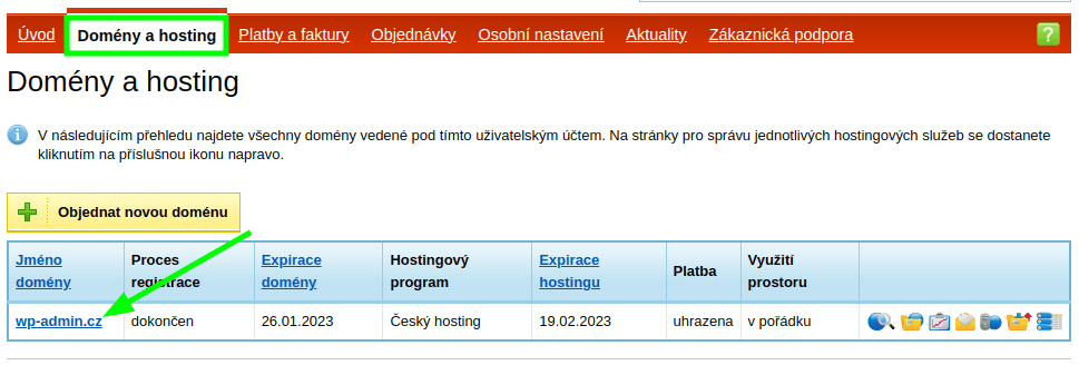 Výběr vaší domény pro instalaci