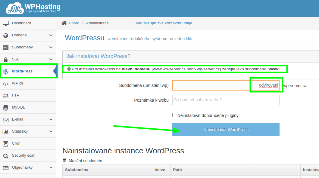 Instalace WordPressu na WPHostingu