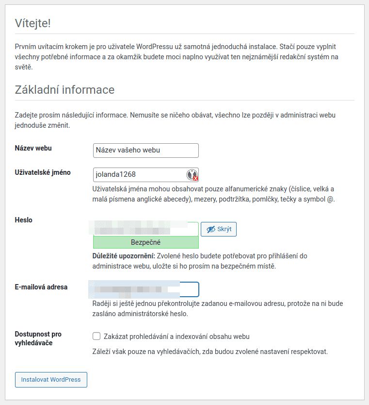 Nastavení instalace WordPressu